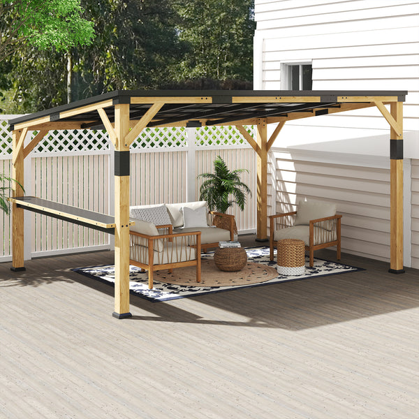 10' x 14' Wooden Gazebo, Hardtop Lean-to Gazebo Pergola with Galvanized Steel Sloped Roof, Bar Shelf, Large Heavy Duty Awning for Patio, Deck, Backyard, Natural Wood