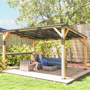 10' x 14' Wooden Gazebo, Hardtop Lean-to Gazebo Pergola with Galvanized Steel Sloped Roof, Bar Shelf, Large Heavy Duty Awning for Patio, Deck, Backyard, Natural Wood