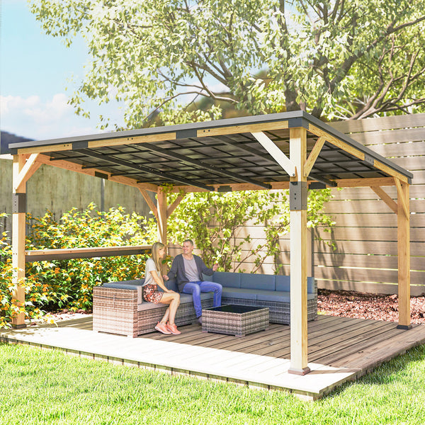 10' x 14' Wooden Gazebo, Hardtop Lean-to Gazebo Pergola with Galvanized Steel Sloped Roof, Bar Shelf, Large Heavy Duty Awning for Patio, Deck, Backyard, Natural Wood