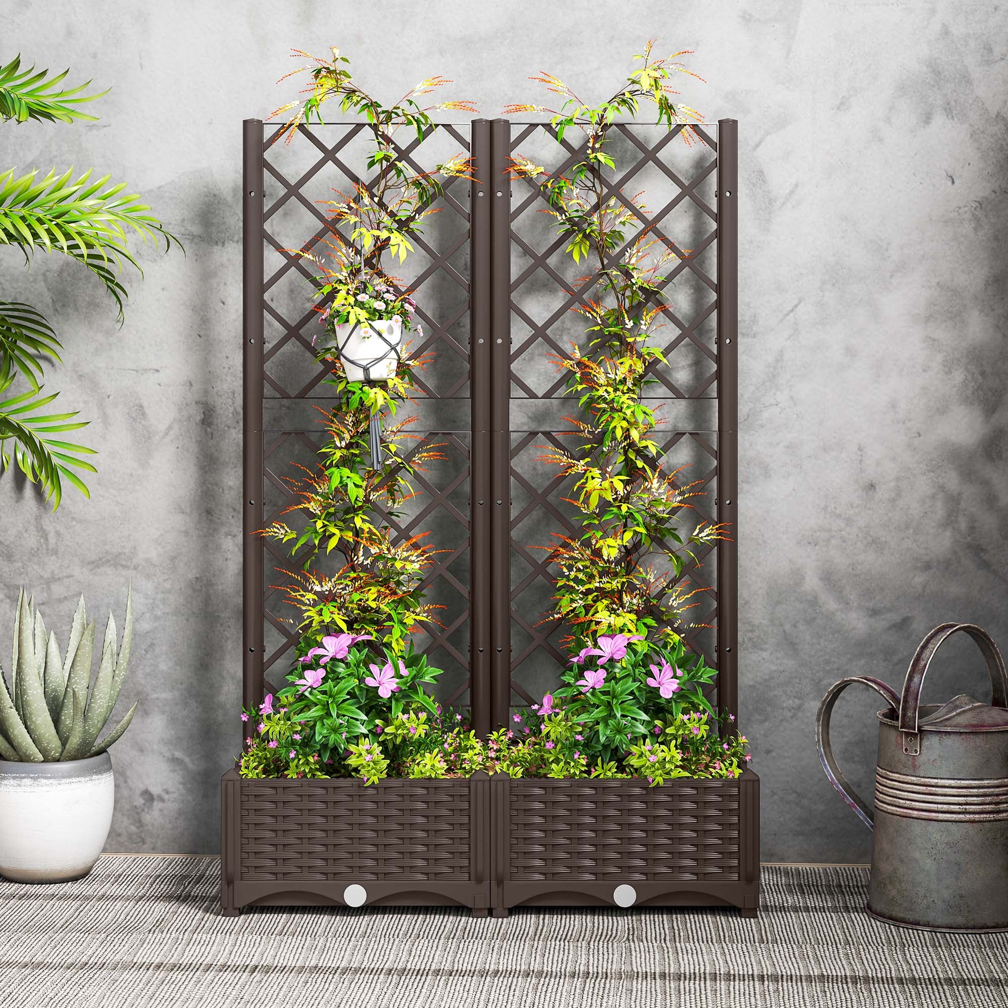 planter box with trellis canada Outsunny 32" x 16" x 48" Plastic Raised Garden Bed with Trellis, Drainage Holes and Drain Plugs