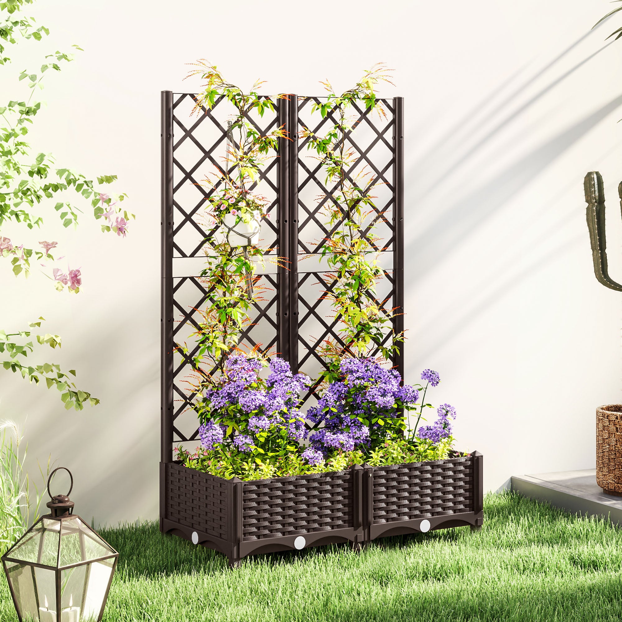 48 plastic planter box Outsunny 32" x 16" x 48" Plastic Raised Garden Bed with Trellis, Drainage Holes and Drain Plugs