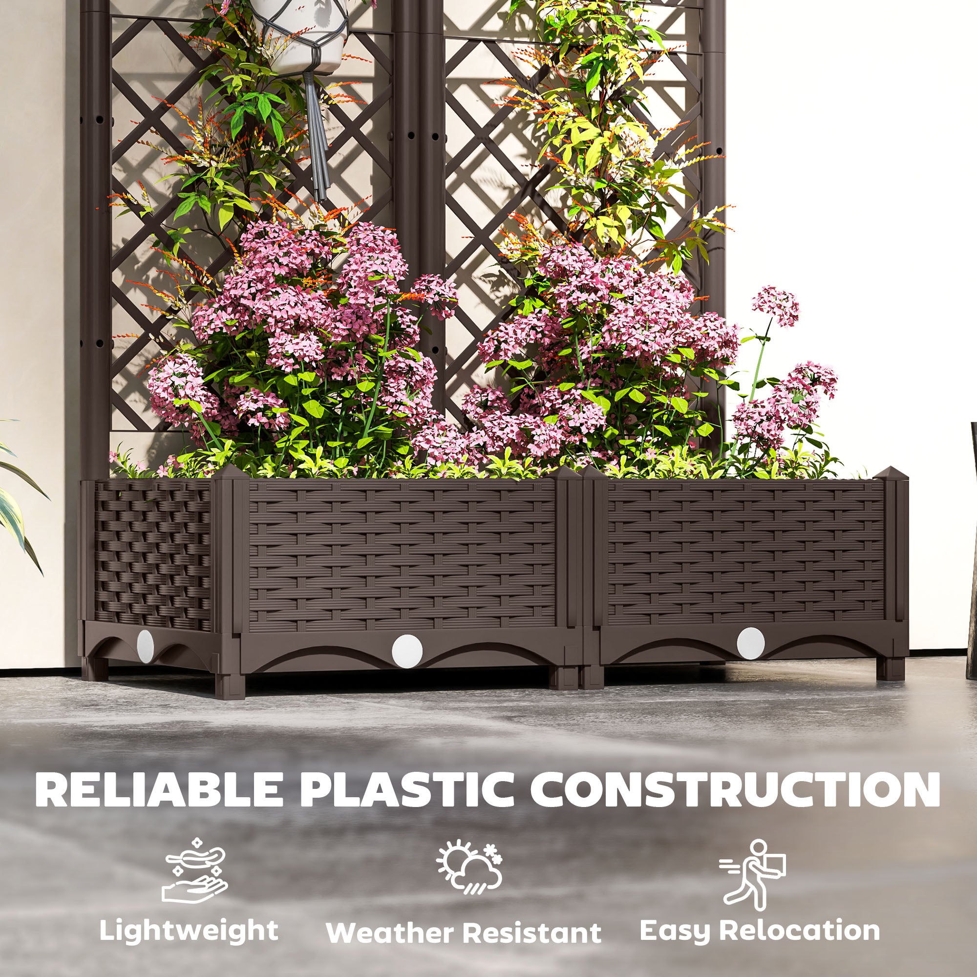 plastic planter and trellis Outsunny 32" x 16" x 48" Plastic Raised Garden Bed with Trellis, Drainage Holes and Drain Plugs