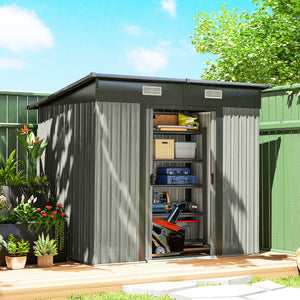 7 x 4ft Outdoor Storage Shed with Foundation Kit, Lean to Metal Garden Shed for Log, Rubbish Bin, Tool, Lawnmower, Bike, Patio Use, Light Grey Wood Effect