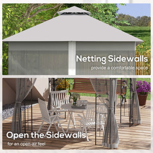 3(m) x 3(m) Garden Gazebo, Double Roof Outdoor Gazebo Canopy Shelter with Netting, Solid Steel Frame, for Garden, Lawn and Deck, Light Grey
