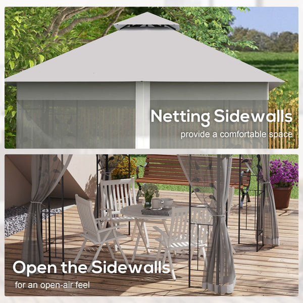 3(m) x 3(m) Garden Gazebo, Double Roof Outdoor Gazebo Canopy Shelter with Netting, Solid Steel Frame, for Garden, Lawn and Deck, Light Grey
