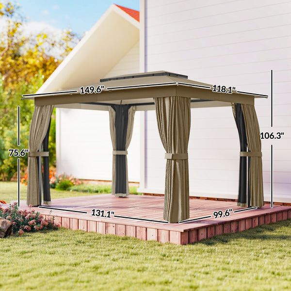10' x 12' Outdoor Patio Gazebo, Soft Top Gazebo Canopy Shelter with Double Roof, Curtains, Netting, Steel Frame, UPF30+ Protection, Ceiling Hooks for Lawn, Backyard, Deck, Khaki