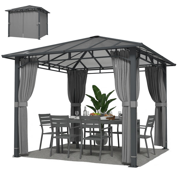 3 x 3 m Outdoor Hardtop Gazebo Canopy with Polycarbonate Roof, Waterproof Aluminium Permanent Pavilion Garden Gazebo Patio Shelter with Curtains, Tan