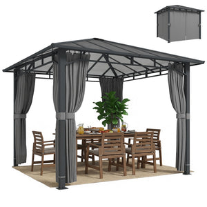3 x 3 m Outdoor Hardtop Gazebo Canopy with Polycarbonate Roof, Waterproof Aluminium Permanent Pavilion Garden Gazebo Patio Shelter with Curtains, Tan
