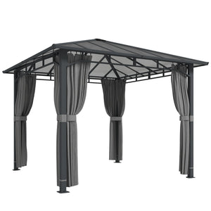 3 x 3 m Outdoor Hardtop Gazebo Canopy with Polycarbonate Roof, Waterproof Aluminium Permanent Pavilion Garden Gazebo Patio Shelter with Curtains, Tan