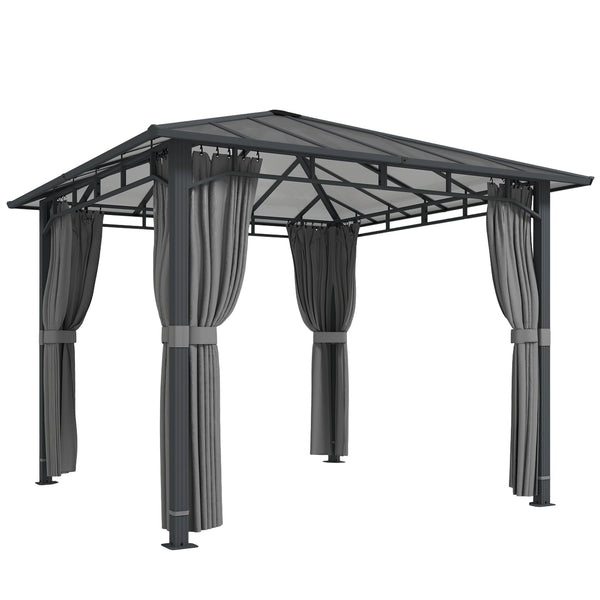 3 x 3 m Outdoor Hardtop Gazebo Canopy with Polycarbonate Roof, Waterproof Aluminium Permanent Pavilion Garden Gazebo Patio Shelter with Curtains, Tan