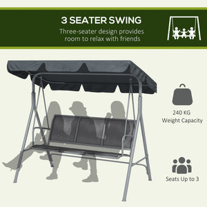 3 Seater Swing Chair, Garden Swing Bench with Adjustable Tilting Canopy, Breathable Mesh Seat and Heavy Duty Metal Frame for Patio, Garden, Dark Grey