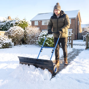 Snow Shovel with Wheels, 29" x 16.5" Heavy Duty Metal Snow Pusher with 5-Level Adjustable Handle, 5-Angle Blade and Non-Slip Grip, for Driveway, Sidewalks, Garden, Deck, Blue