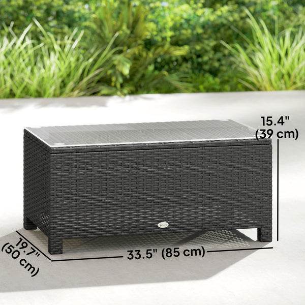 Rattan Coffee Table, Patio Side Table, Hand-woven Wicker Furniture with Tempered Glass Top Outdoor Garden Patio, Dark Grey