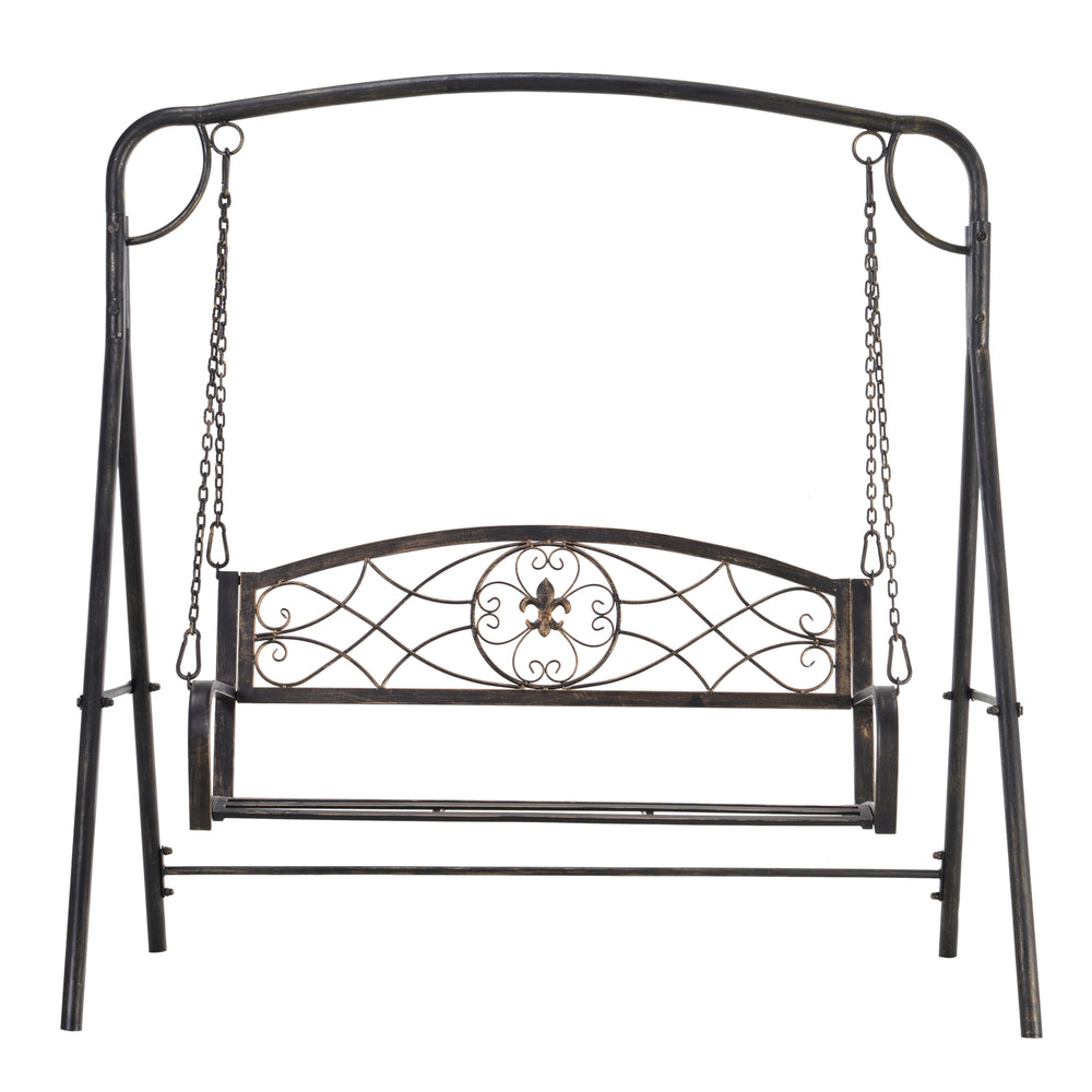 2 Seater Porch Swing Chair, Weather Resistant Outdoor Swing Seat with Metal Frame for Garden, Backyard, Lawn, Black with Gold Tone