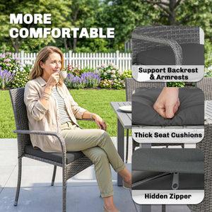 7 Piece Rattan Garden Furniture Set, 6 Seater Garden Table and 6 Stackable Chairs with Extendable Acacia Wood Tabletop, All-Weather Outdoor Furniture with Cushions for Patio, Light Grey