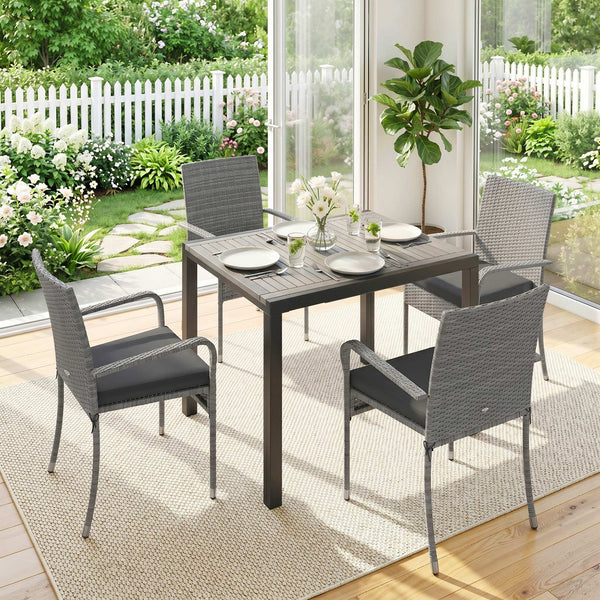 7 Piece Rattan Garden Furniture Set, 6 Seater Garden Table and 6 Stackable Chairs with Extendable Acacia Wood Tabletop, All-Weather Outdoor Furniture with Cushions for Patio, Light Grey