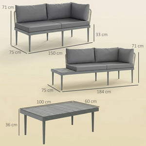 3 Piece L Shaped Rattan Garden Furniture Set, 4 Seater Wicker Outdoor Corner Sofa Set with 2 Loveseats, Wide and Deep Seating, Acacia Wood Top Coffee Table and Thick Cushions, Grey