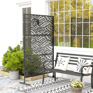 Metal Outdoor Privacy Screen, 78" x 48" Freestanding Outdoor Divider with Stand, Decorative Privacy Panel with Willow Branch Cut-out Design for Garden Backyard, Black