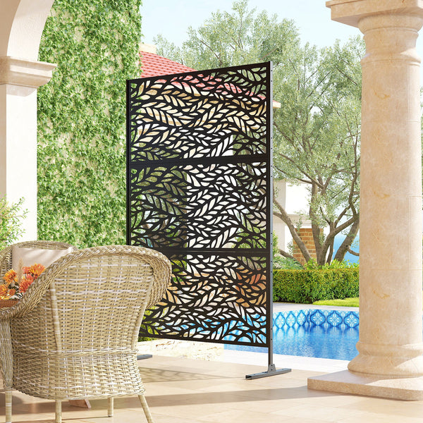 Metal Outdoor Privacy Screen, 78" x 48" Freestanding Outdoor Divider with Stand, Decorative Privacy Panel with Willow Branch Cut-out Design for Garden Backyard, Black