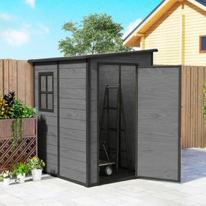 4 x 5FT Plastic Garden Shed with Floor, Lean to Outdoor Storage Shed, Lockable Tool Storage House with Window, Vent and Plastic Roof, Wood-Effect