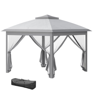 11' x 11' Pop Up Canopy, Double Roof Foldable Canopy Tent with Zipper Mesh Sidewalls, Height Adjustable and Carrying Bag, Event Tent for Patio Garden Backyard, Light Grey