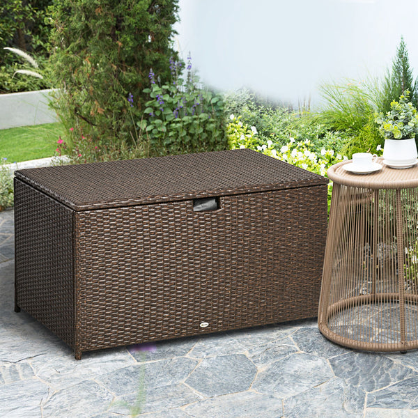 Outsunny 113 Gallon Deck Box, Rattan Outdoor Storage Box, Waterproof Storage Container for Indoor, Patio Furniture Cushions, Pool Supplies, Garden Tools, Brown