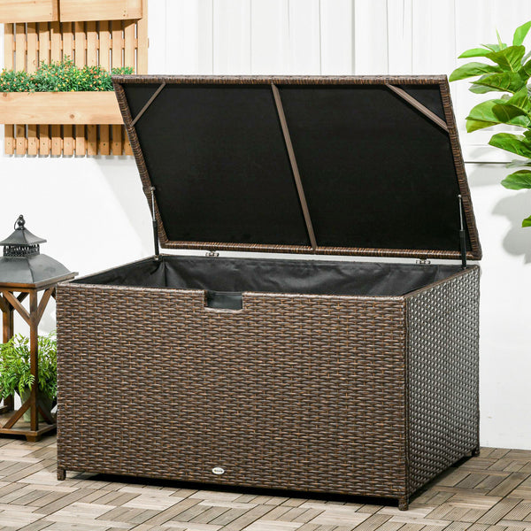 Outsunny 113 Gallon Deck Box, Rattan Outdoor Storage Box, Waterproof Storage Container for Indoor, Patio Furniture Cushions, Pool Supplies, Garden Tools, Brown