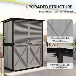 Outdoor Storage Cabinet, Wood Garden Tool Shed with Lock, Steel Frame and Asphalt Roof, Garden Storage Shed with Adjustable Shelves and Feet for Patio Backyard Lawn, Gray