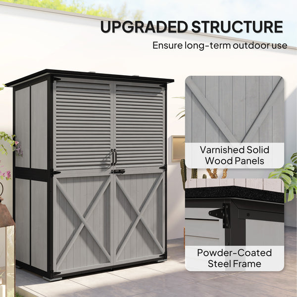 Outdoor Storage Cabinet, Wood Garden Tool Shed with Lock, Steel Frame and Asphalt Roof, Garden Storage Shed with Adjustable Shelves and Feet for Patio Backyard Lawn, Gray