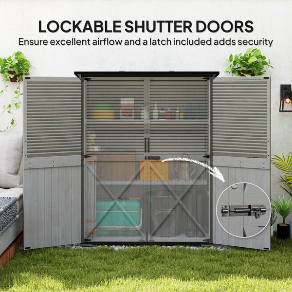 Outdoor Storage Cabinet, Wood Garden Tool Shed with Lock, Steel Frame and Asphalt Roof, Garden Storage Shed with Adjustable Shelves and Feet for Patio Backyard Lawn, Gray