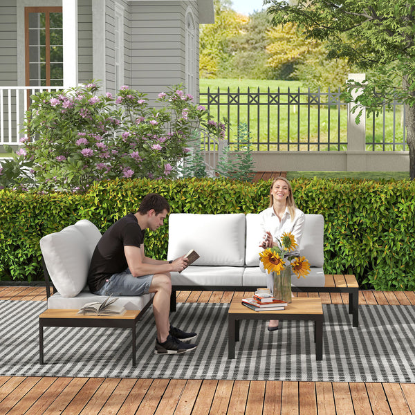 4 Piece L Shaped Garden Furniture Set, 4 Seater Outdoor Corner Garden Set, 2 Loveseats with Removable Backs, 2 Wood-Plastic Coffee Tables and Thick Cushions, Teak