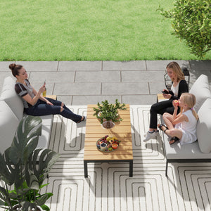 4 Piece L Shaped Garden Furniture Set, 4 Seater Outdoor Corner Garden Set, 2 Loveseats with Removable Backs, 2 Wood-Plastic Coffee Tables and Thick Cushions, Teak