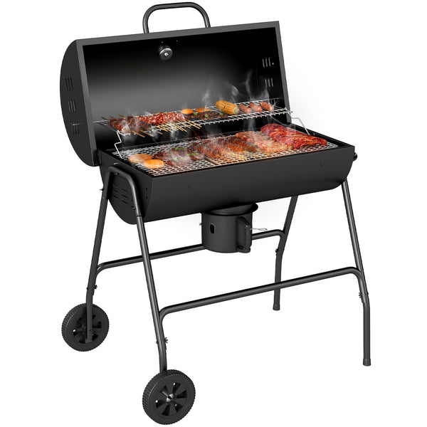 Charcoal Barbecue Grill, Portable Barrel BBQ Trolley Smoker with Wheels, Ash Catcher and Thermometer for Outdoor Garden Party Cooking, Black