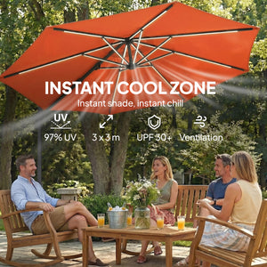 3 m Garden Cantilever Parasol with LED Solar Light, Round Overhanging Umbrella with 6-Position 360° Rotation, Crank Handle, Tilt, Cover, Banana Patio Umbrella for Outdoor Sun Shade, Orange