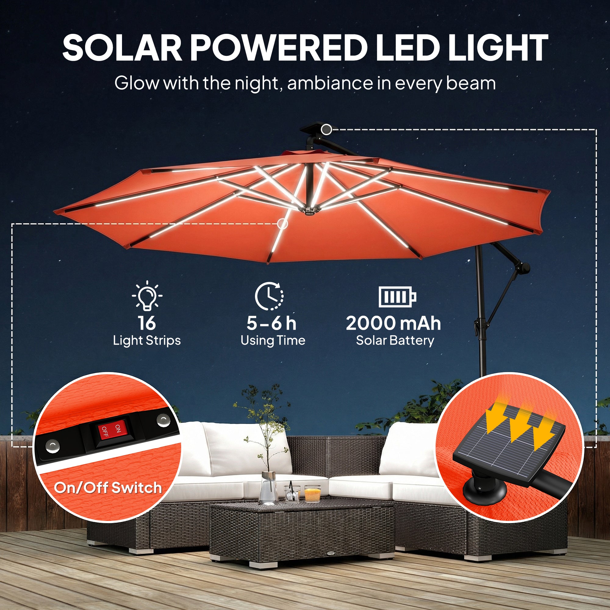 Outsunny 3 m Cantilever Parasol with Solar LED Light, Cover & 360° Rotation, Orange