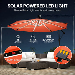 3 m Garden Cantilever Parasol with LED Solar Light, Round Overhanging Umbrella with 6-Position 360° Rotation, Crank Handle, Tilt, Cover, Banana Patio Umbrella for Outdoor Sun Shade, Orange