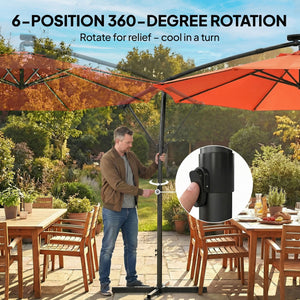 3 m Garden Cantilever Parasol with LED Solar Light, Round Overhanging Umbrella with 6-Position 360° Rotation, Crank Handle, Tilt, Cover, Banana Patio Umbrella for Outdoor Sun Shade, Orange