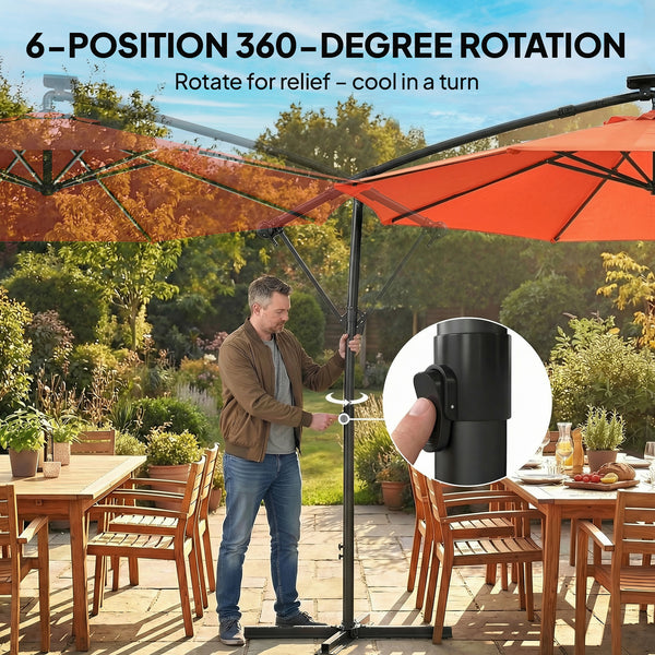 3 m Garden Cantilever Parasol with LED Solar Light, Round Overhanging Umbrella with 6-Position 360° Rotation, Crank Handle, Tilt, Cover, Banana Patio Umbrella for Outdoor Sun Shade, Orange