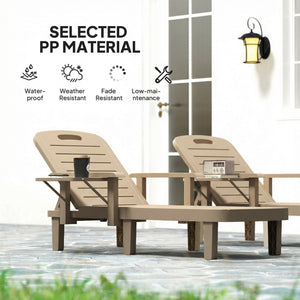 Set of 2 Resin Reclining Sun Loungers for Garden, 5 Positions Adjustable Outdoor Chaise Lounge Chair with Wood Texture Surface, Armrests, Foldable Side Table for Garden, Beach, Khaki