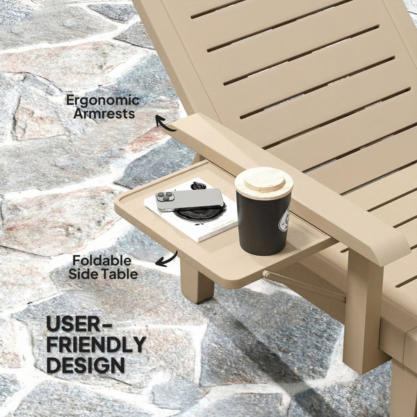 Set of 2 Resin Reclining Sun Loungers for Garden, 5 Positions Adjustable Outdoor Chaise Lounge Chair with Wood Texture Surface, Armrests, Foldable Side Table for Garden, Beach, Khaki
