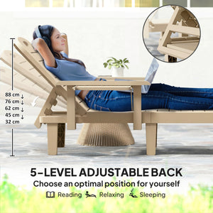 Set of 2 Resin Reclining Sun Loungers for Garden, 5 Positions Adjustable Outdoor Chaise Lounge Chair with Wood Texture Surface, Armrests, Foldable Side Table for Garden, Beach, Khaki