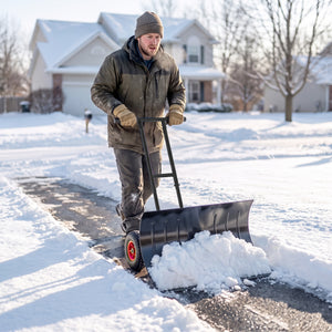 Snow Shovel with Wheels, 29" x 18" Heavy Duty Metal Snow Pusher with 5-Level Adjustable Handle, 7-Angle Blade, Bottom Wear Strip for Driveway, Sidewalks, Garden, Deck, Black