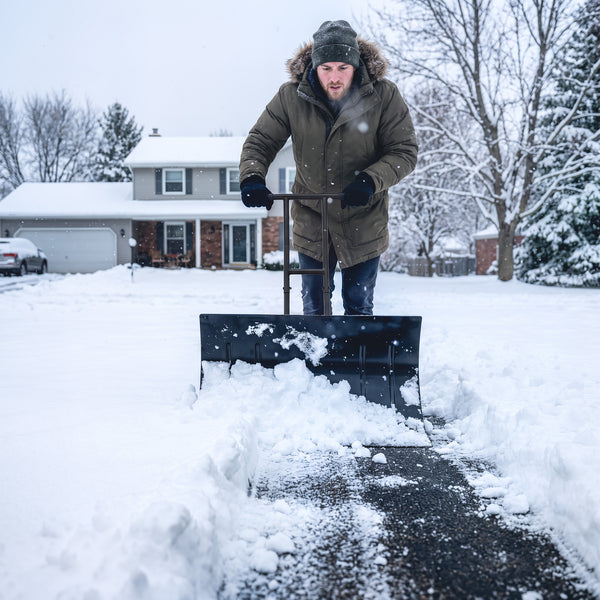 Snow Shovel with Wheels, 29" x 18" Heavy Duty Metal Snow Pusher with 5-Level Adjustable Handle, 7-Angle Blade, Bottom Wear Strip for Driveway, Sidewalks, Garden, Deck, Black