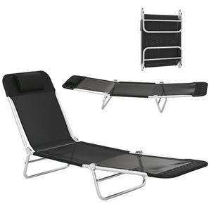 Folding Chaise Lounge Chair, Pool Sun Tanning Chair, Outdoor Lounge Chair with Reclining Back, Breathable Mesh Seat, Headrest for Beach, Yard, Patio, Black
