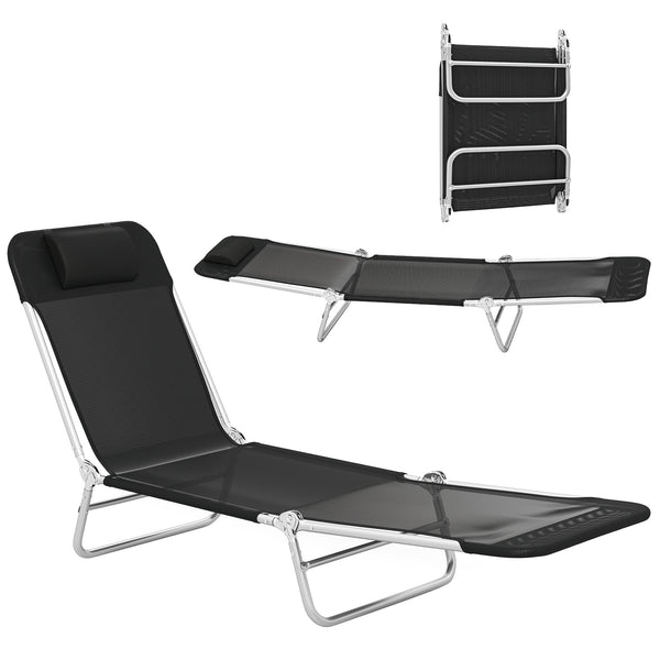 Folding Chaise Lounge Chair, Pool Sun Tanning Chair, Outdoor Lounge Chair with Reclining Back, Breathable Mesh Seat, Headrest for Beach, Yard, Patio, Black
