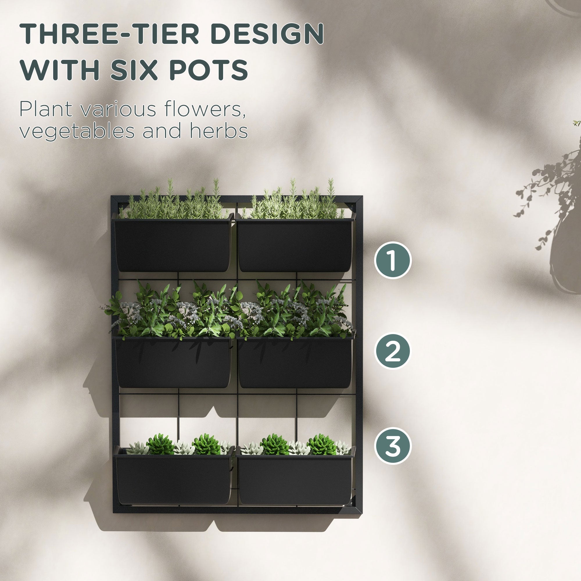 outdoor wall plant hanger Outsunny Wall Planter with 6 Pots, 3-Tier Design, Black, Ideal for Flowers and Vegetables, Enhances Garden Space