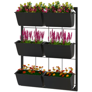 Outsunny 3-Tier Wall Planter with 6 Pots for Indoor and Outdoor Use, Hanging Plant Holder, Self Draining Wall Mounted Planter for Vegetables, Flowers, Herbs, Black