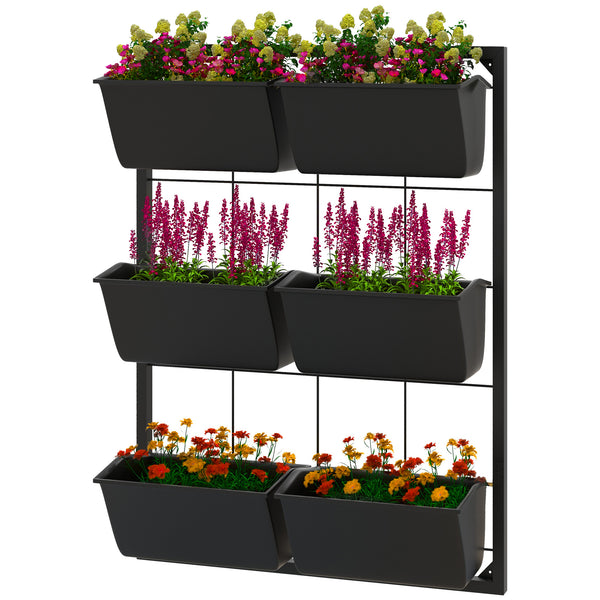 Outsunny 3-Tier Wall Planter with 6 Pots for Indoor and Outdoor Use, Hanging Plant Holder, Self Draining Wall Mounted Planter for Vegetables, Flowers, Herbs, Black