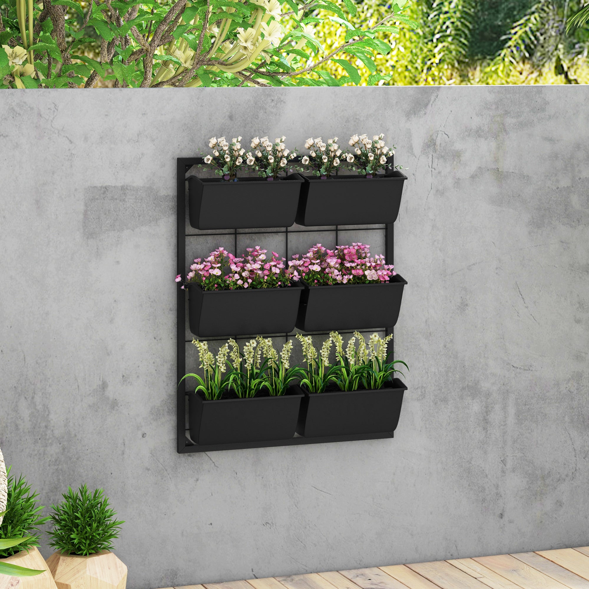 wall hanging planter pots Outsunny Wall Planter with 6 Pots, 3-Tier Design, Black, Ideal for Flowers and Vegetables, Enhances Garden Space