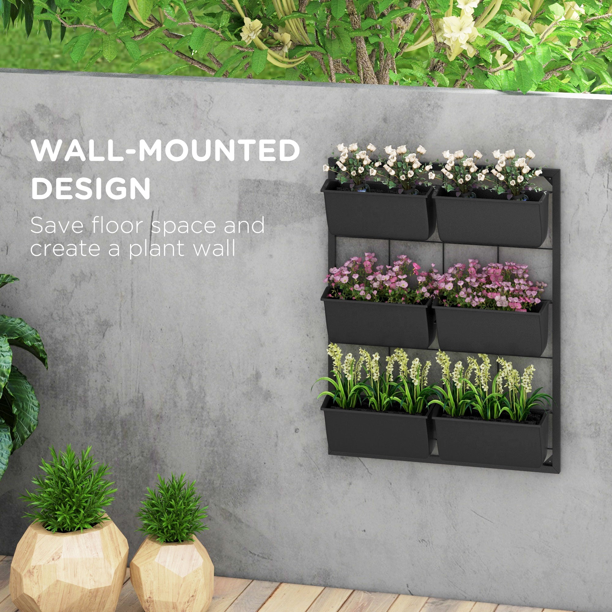 wall hanging plant holder Outsunny Wall Planter with 6 Pots, 3-Tier Design, Black, Ideal for Flowers and Vegetables, Enhances Garden Space